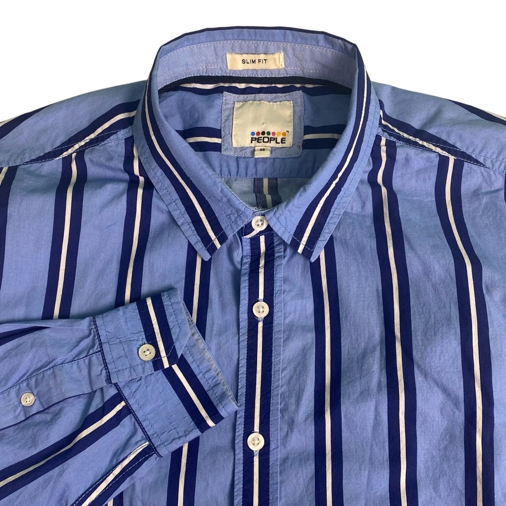 PEOPLE Men's Size Slim Fit 46 Stripe Button Down Blue White‎ Navy Shirt